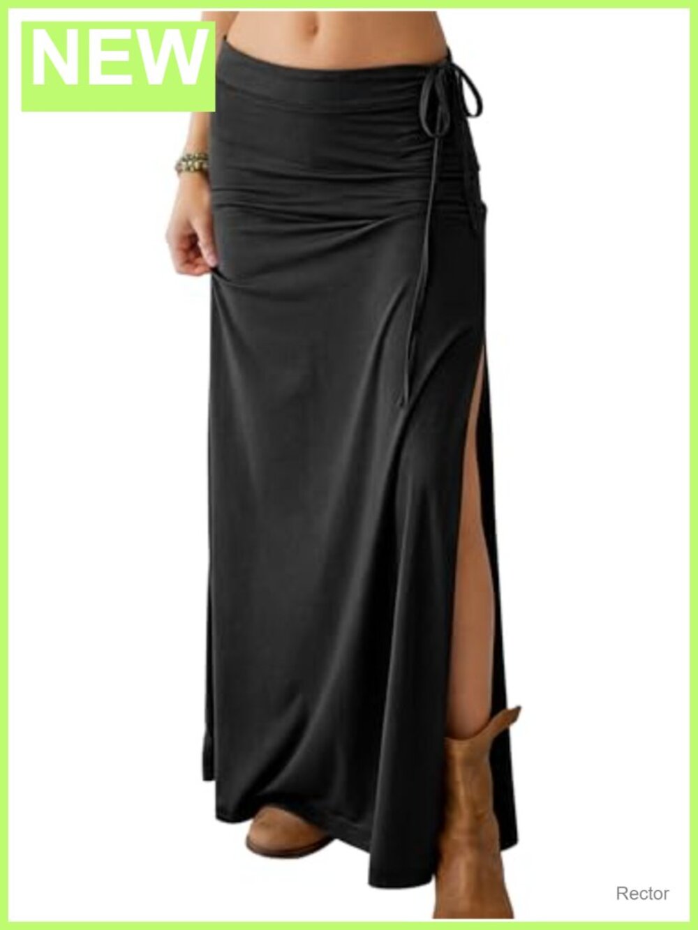 High Waisted Side Slit Maxi Skirt Flowy Flared Long Drawstring